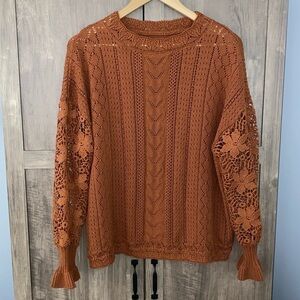 Brown Women’s Crochet Long Sleeve Cable Knit Design Cotton Blend Sweater L